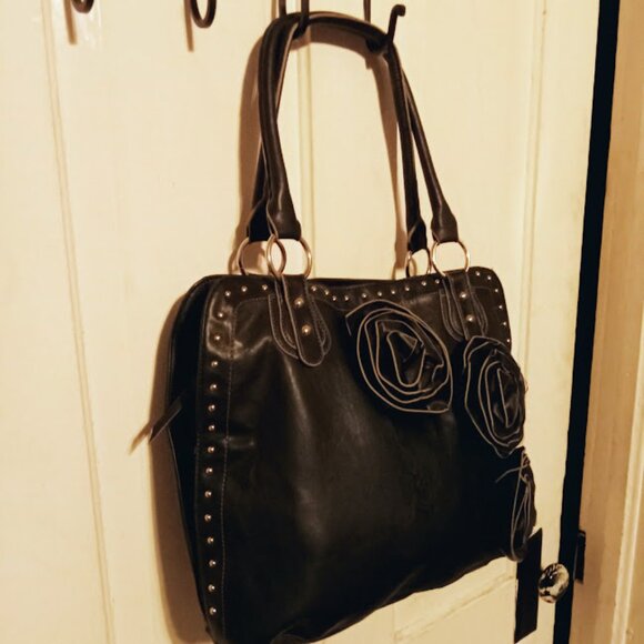 NEW Womans Black Leather Purse With Silver Studs And Rosette floral Petals - Picture 3 of 13